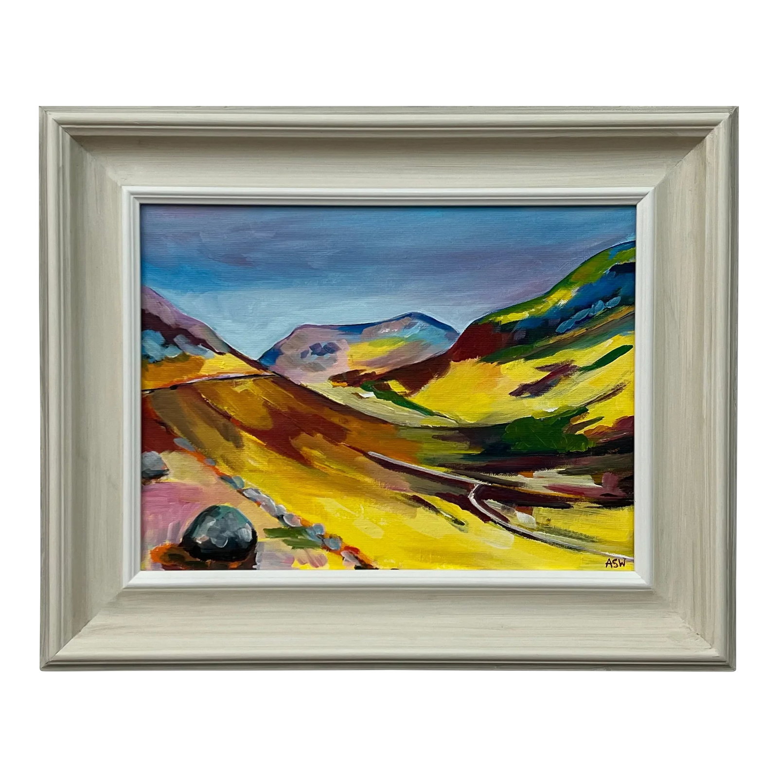 Angela Wakefield Colourful Abstract Yellow Painting of Scottish Highlands by Contemporary Artist, 20: Colourful Yellow Abstract Landscape Painting of the Scottish Highlands by British Contemporary Artist, Angela Wakefield. Framed in the highest quality hand-finished off-white moulding Art measures 16