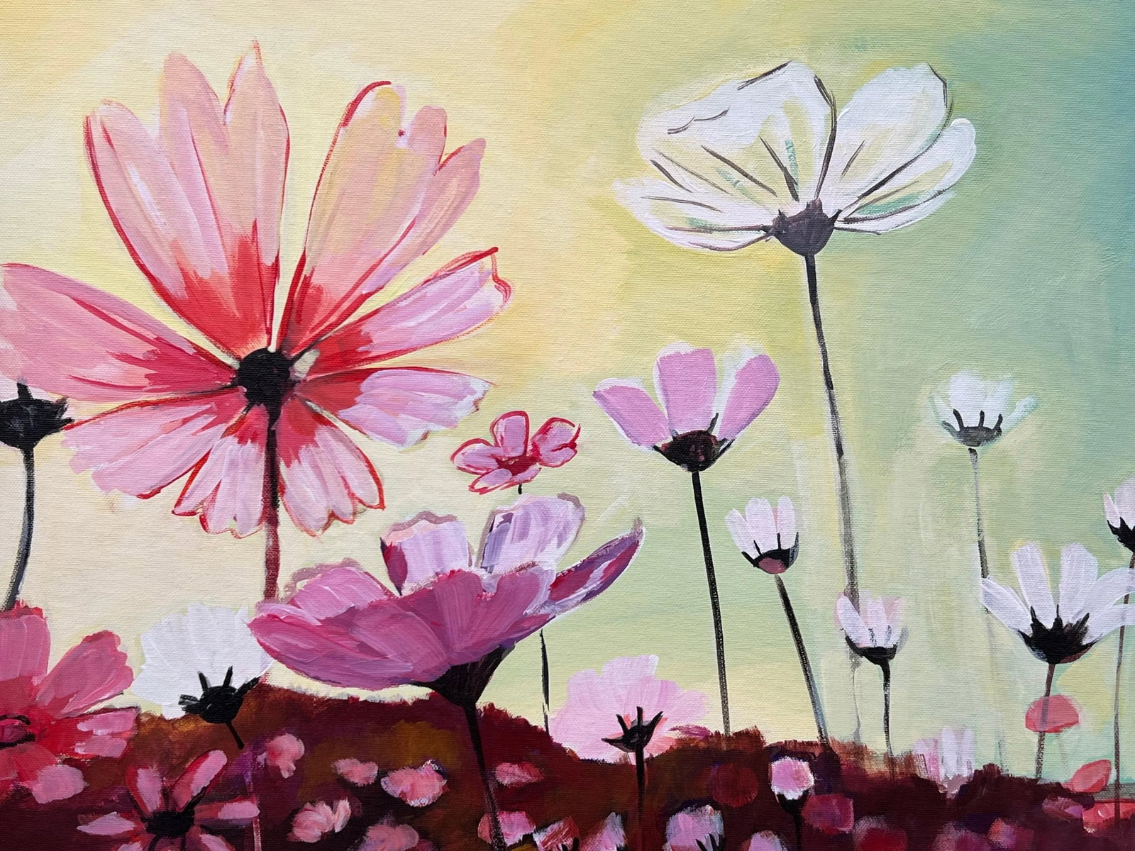 Colourful Design Study of Wild Pink & White Flowers on a Yellow & Turquoise Background, 2023 - 10