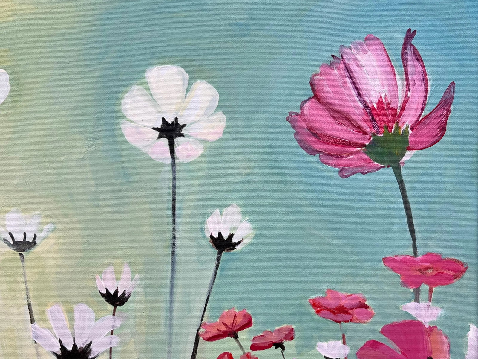 Colourful Design Study of Wild Pink & White Flowers on a Yellow & Turquoise Background, 2023 - 11
