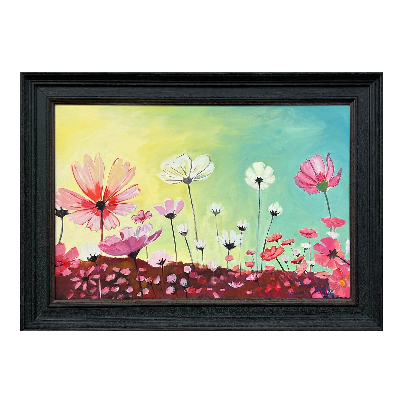 Colourful Design Study of Wild Pink & White Flowers on a Yellow & Turquoise Background, 2023: Colourful Design Study of Wild Pink & White Flowers on a Yellow & Turquoise Background, by Contemporary British Artist. Interior Design Collection. Art measures 30 x 20 inches Frame measures 35 x 25