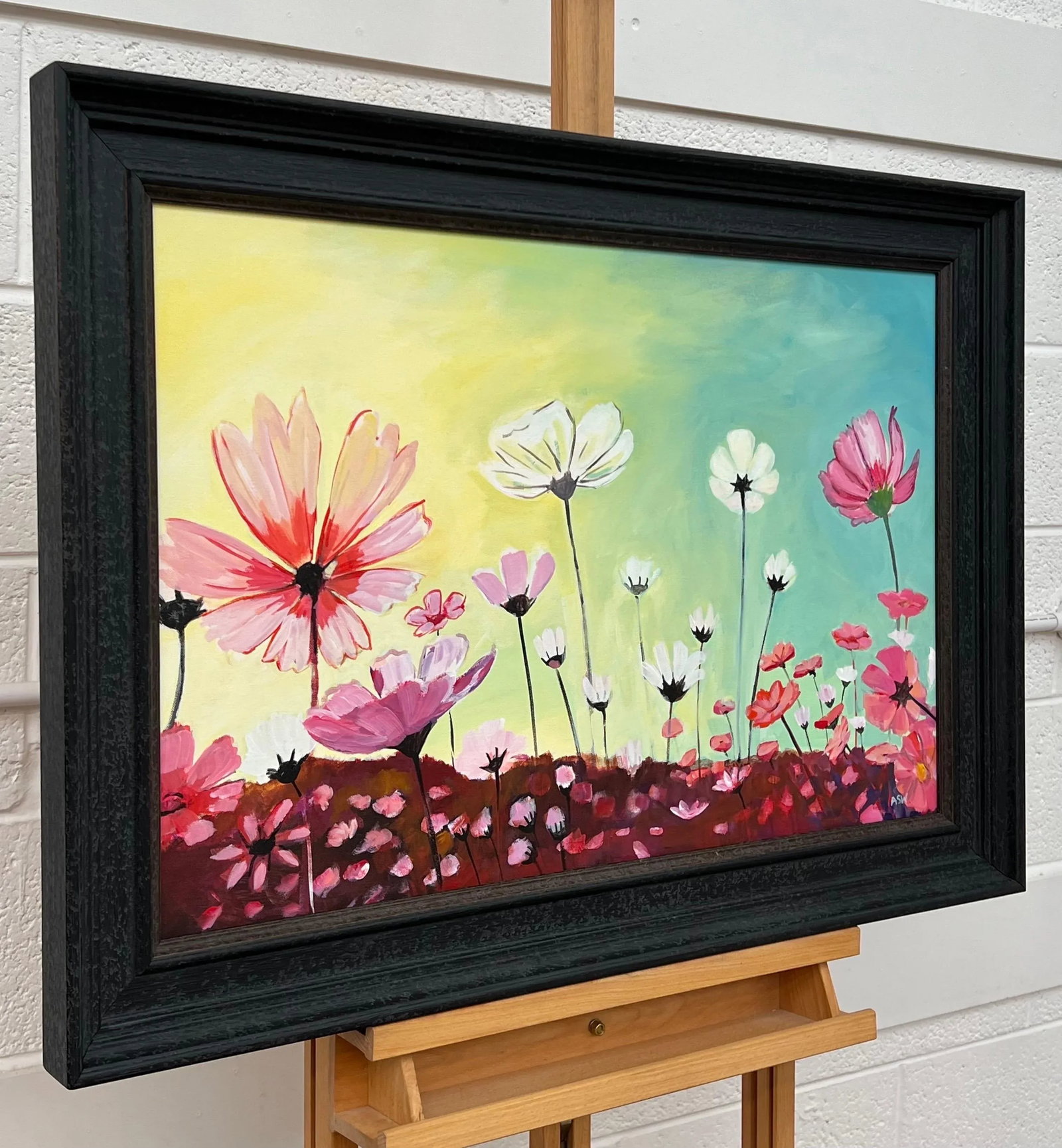 Colourful Design Study of Wild Pink & White Flowers on a Yellow & Turquoise Background, 2023 - 2