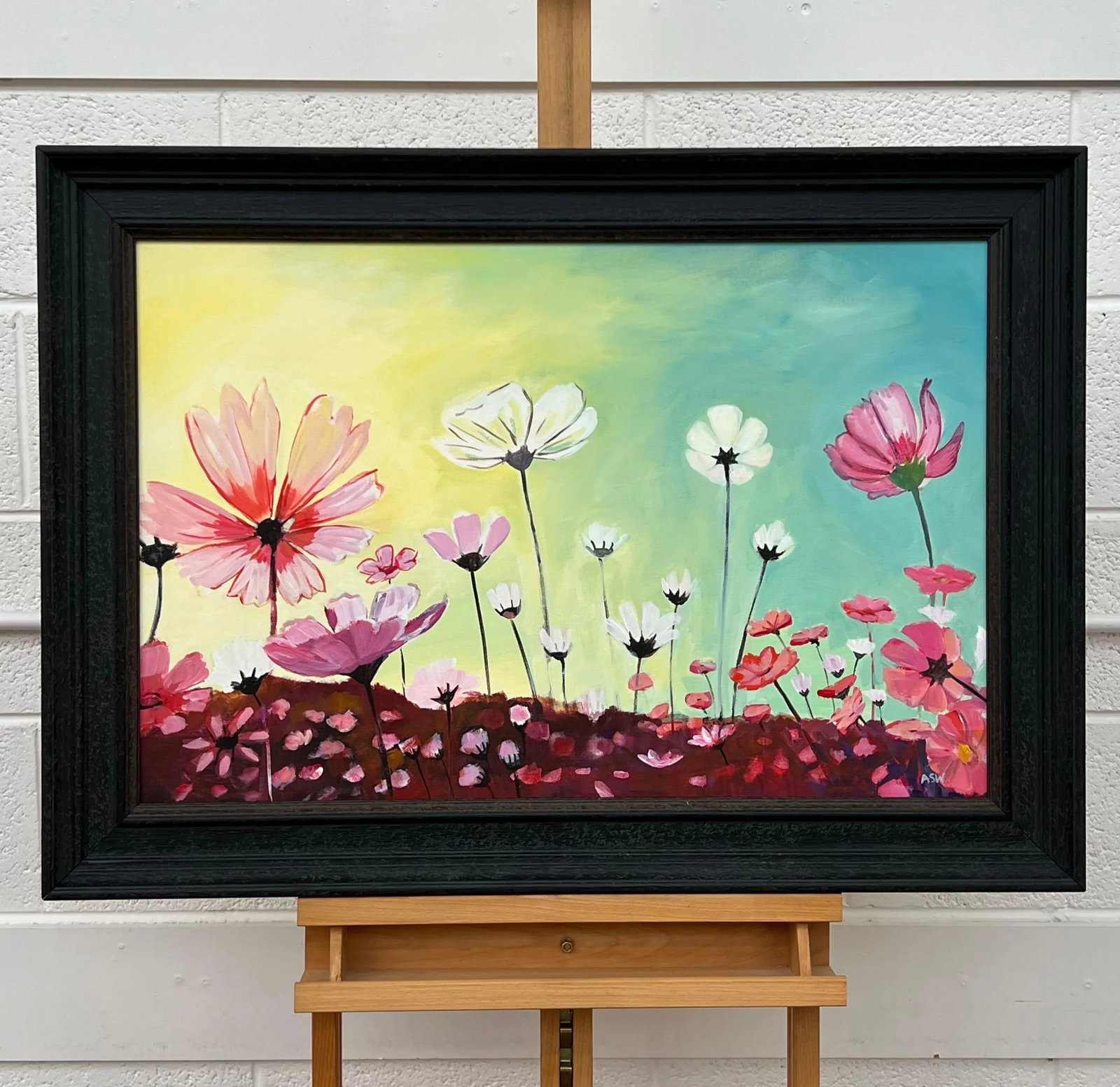 Colourful Design Study of Wild Pink & White Flowers on a Yellow & Turquoise Background, 2023 - 3