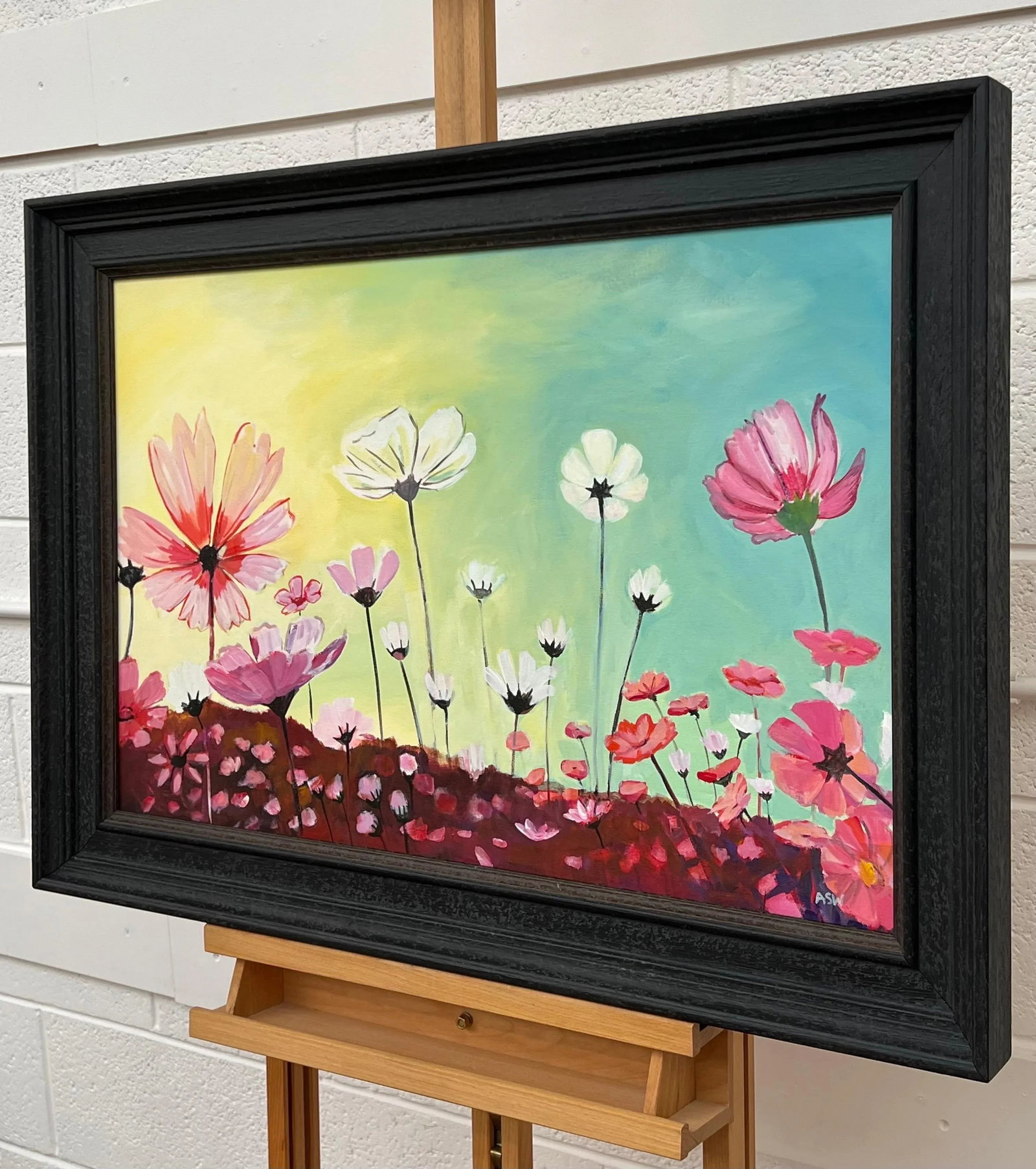 Colourful Design Study of Wild Pink & White Flowers on a Yellow & Turquoise Background, 2023 - 4