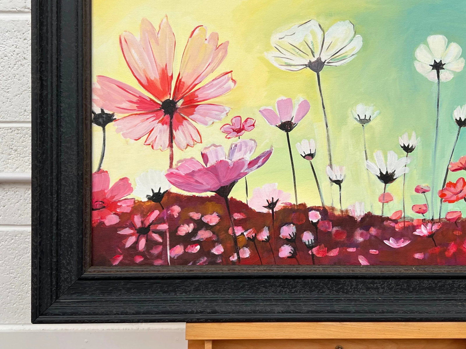Colourful Design Study of Wild Pink & White Flowers on a Yellow & Turquoise Background, 2023 - 6