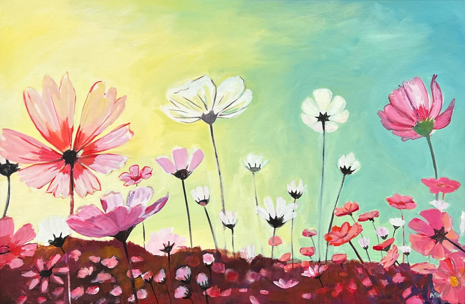Colourful Design Study of Wild Pink & White Flowers on a Yellow & Turquoise Background, 2023 - 9