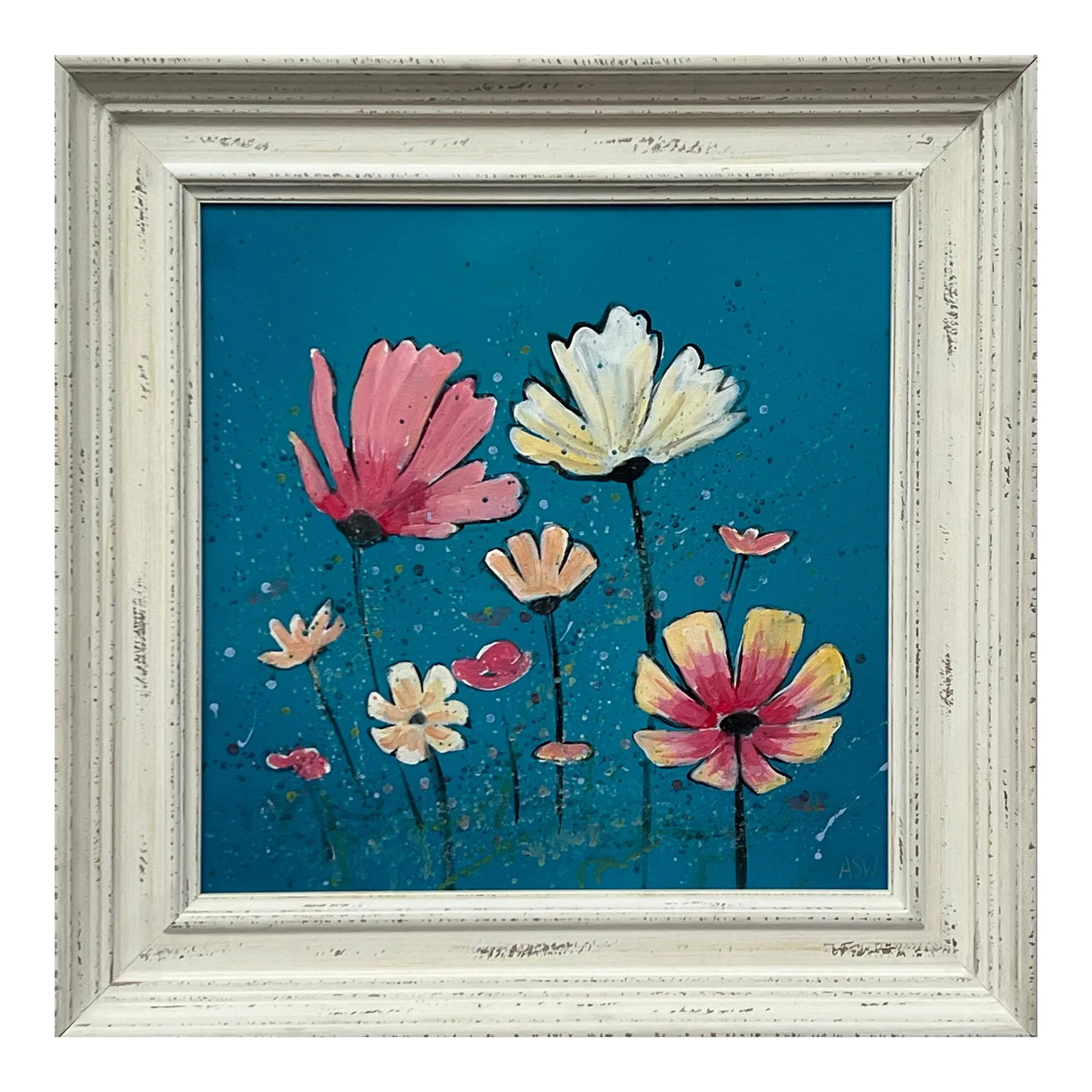 Angela Wakefield Design Study of Wild Pink & White Flowers on Turquoise by Contemporary Artist, 2023: Design Study of Wild Pink & White Flowers on a Turquoise Background by Contemporary British Artist, Angela Wakefield. Art measures 16 x 16 inches Frame measures 22 x 22 inches Angela Wakefield has
