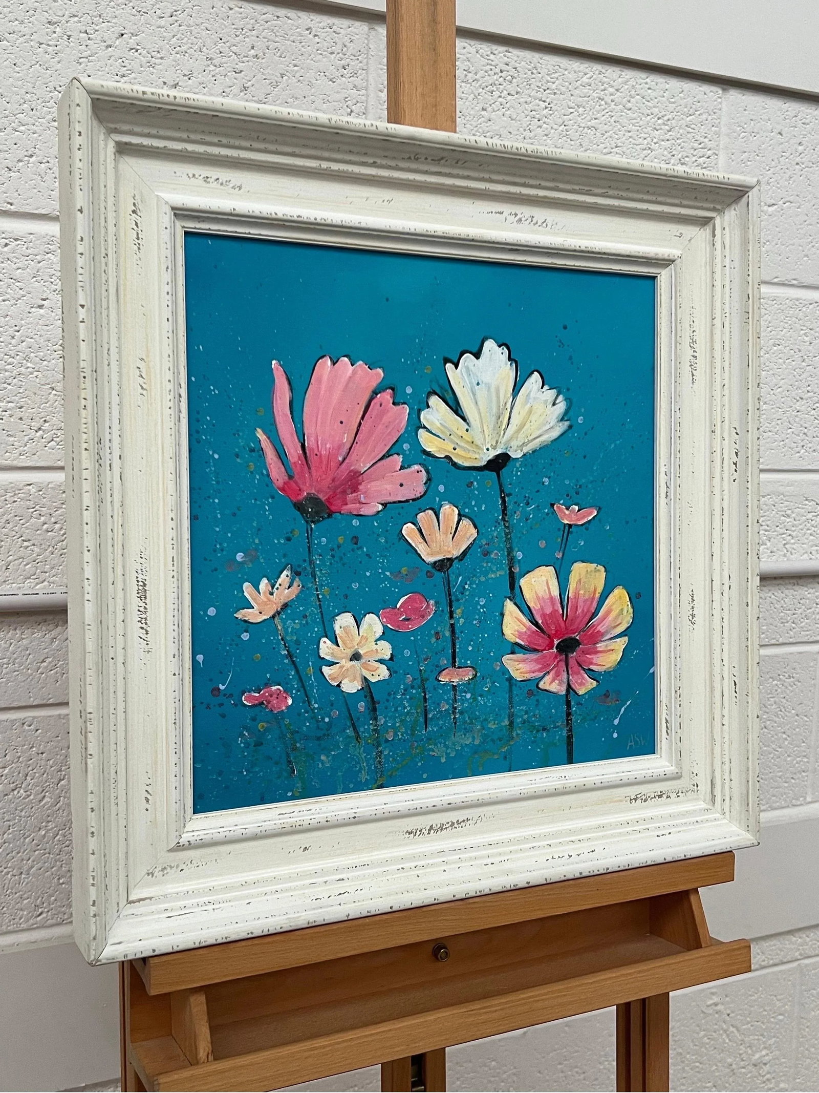 Angela Wakefield Design Study of Wild Pink & White Flowers on Turquoise by Contemporary Artist, 2023 - 2