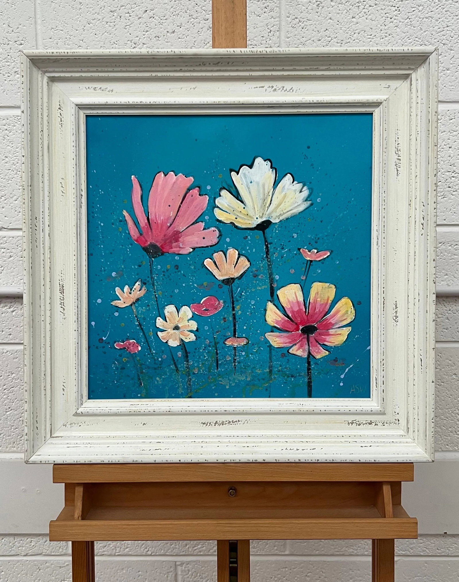 Angela Wakefield Design Study of Wild Pink & White Flowers on Turquoise by Contemporary Artist, 2023 - 3