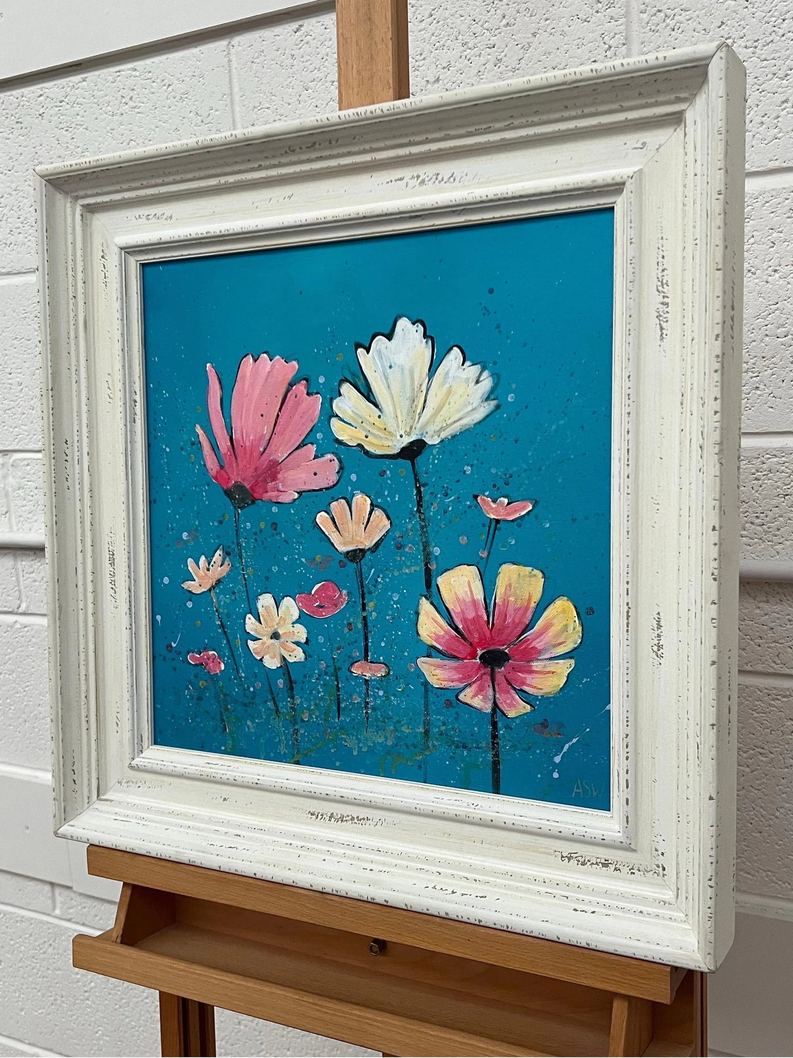 Angela Wakefield Design Study of Wild Pink & White Flowers on Turquoise by Contemporary Artist, 2023 - 4