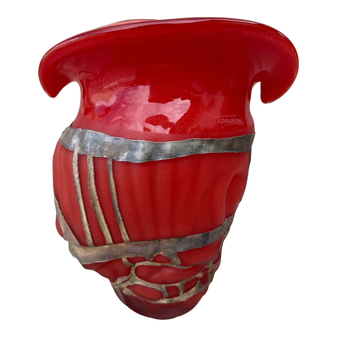 Vintage Ion Tamaian Large Red Blown Glass Vase, Signed: Beautiful Large Red/Silver/Gold Metal Glass Vase One of a Kind, no two out there. Ion Tamaian's unique creations have become well-known in Romania and throughout the world. His artistic-functional