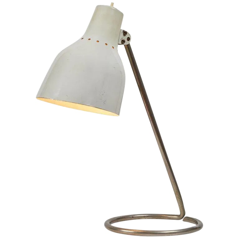 1960s Mid-Century Modern Bag Turgi White Table Lamp: 1960s BAG Turgi White Table Lamp. Executed in white enameled metal on a smooth nickel-finish metal base, this 1960s vintage table lamp is attributed to Swiss lighting house BAG Turgi. The white