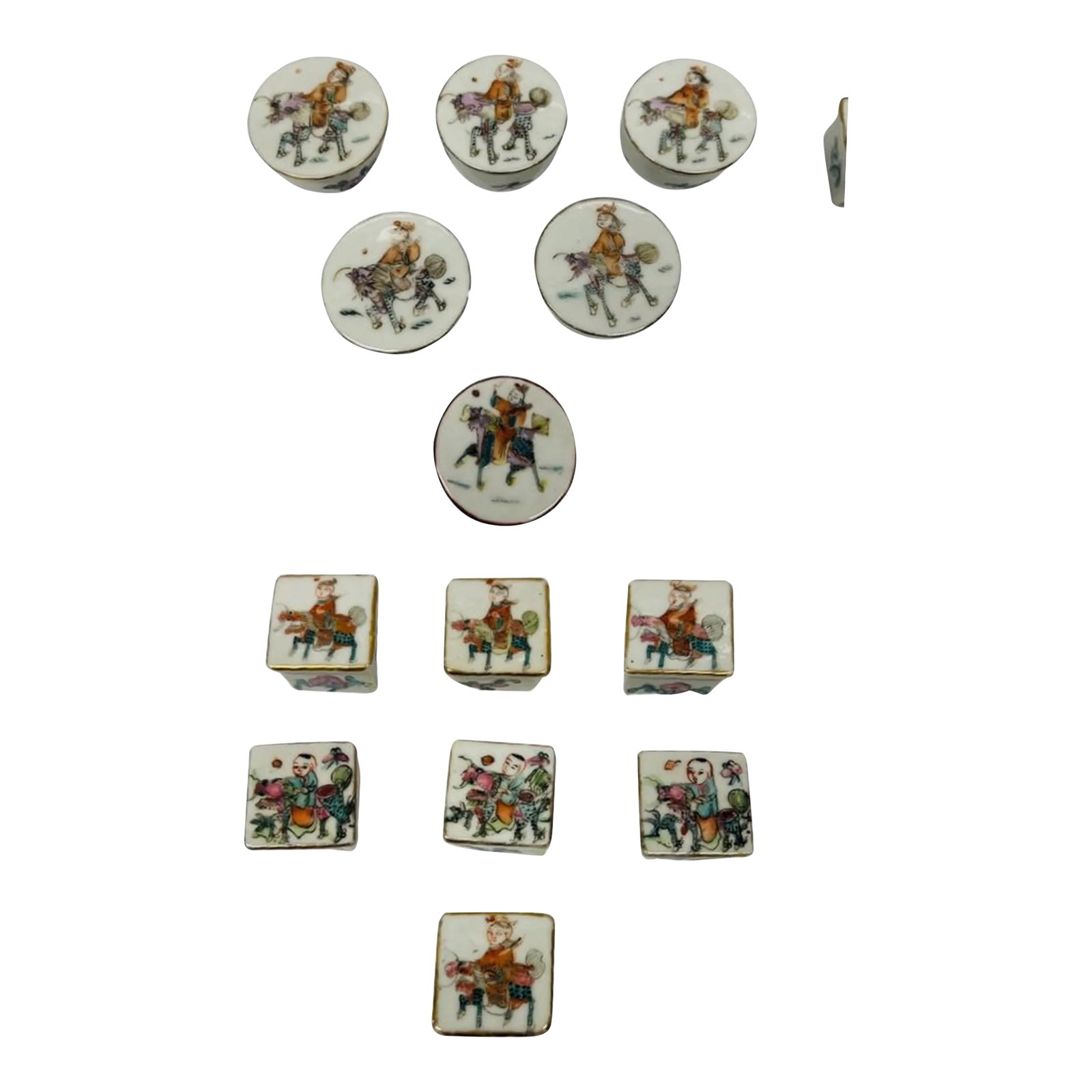 Qing Dynasty - 13 Antique Chinese Porcelain Enameled Salt Boxes: Chinese, Qing Dynasty (1644-1911), 19th century. A grouping or instant collection of antique porcelain enameled salt boxes. Each box is decorated with immortal being riding the fabled Longma (winged h