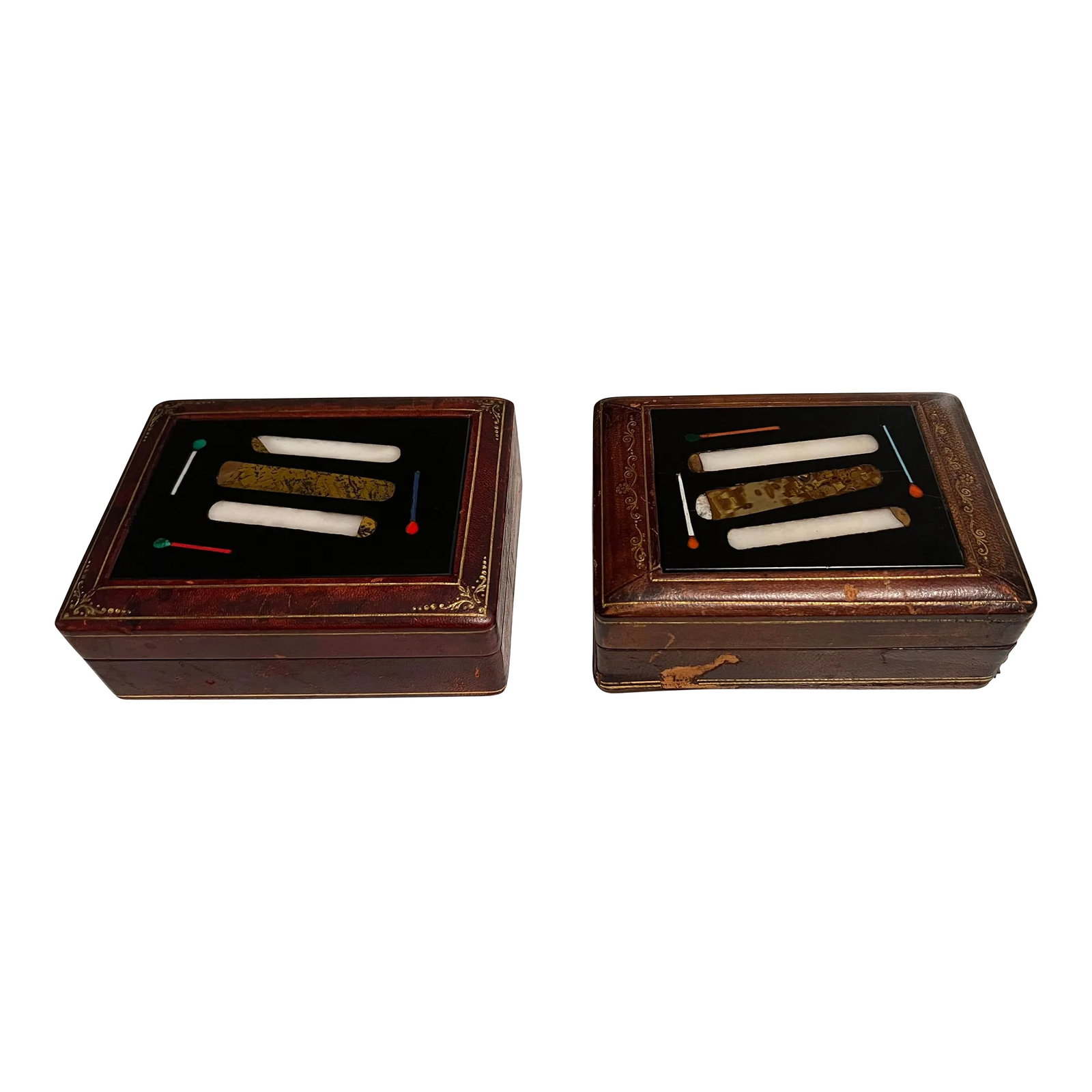 Pair, Italian Tooled Leather & Pietra Dura "Cigar" Motif Tobacco Boxes (1 of 7)