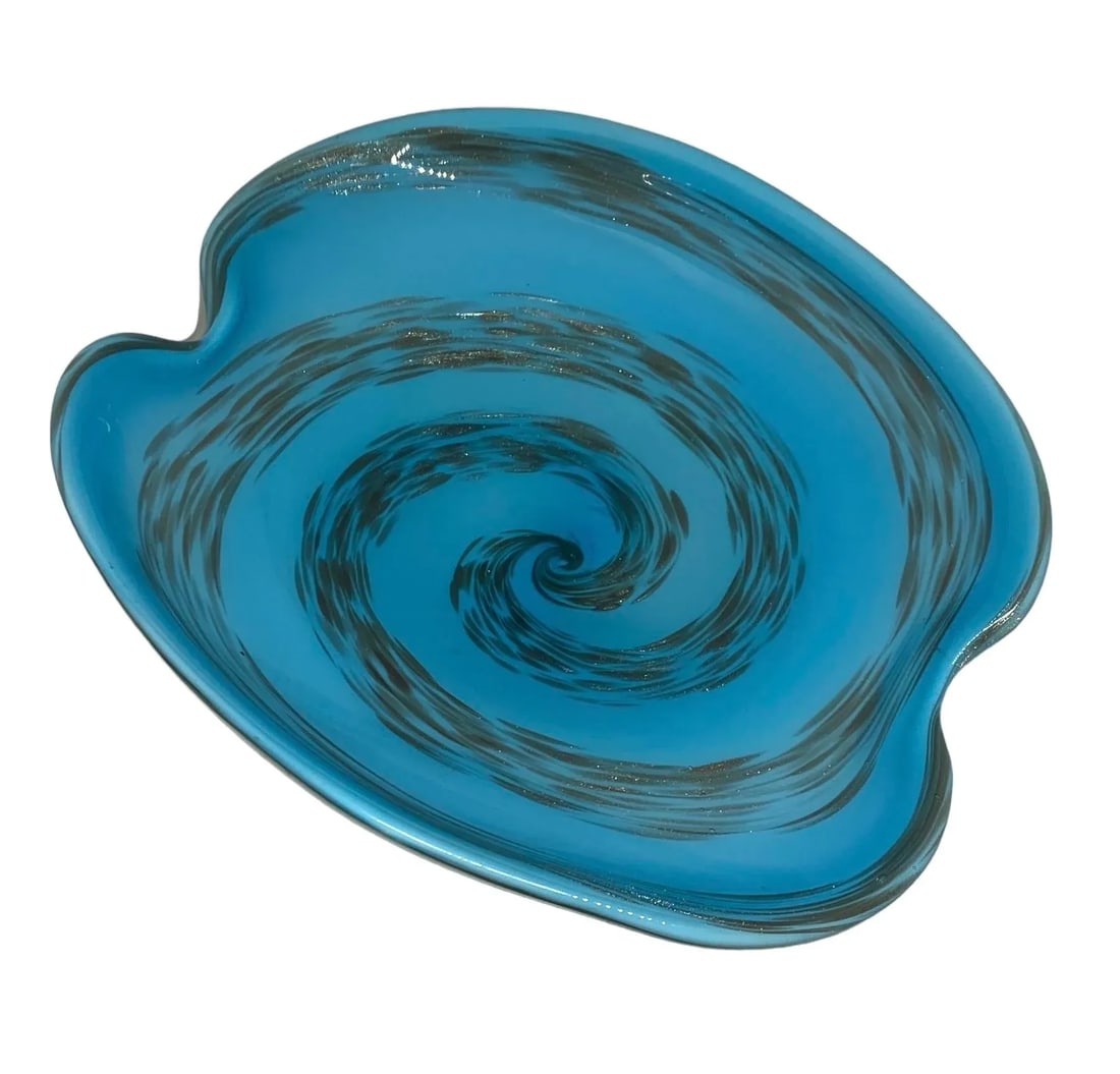 Mid 20th Century Murano Style Modern Aqua Art Glass Amoeba Oval Shape With Silver and Bronze Swirl D - 12