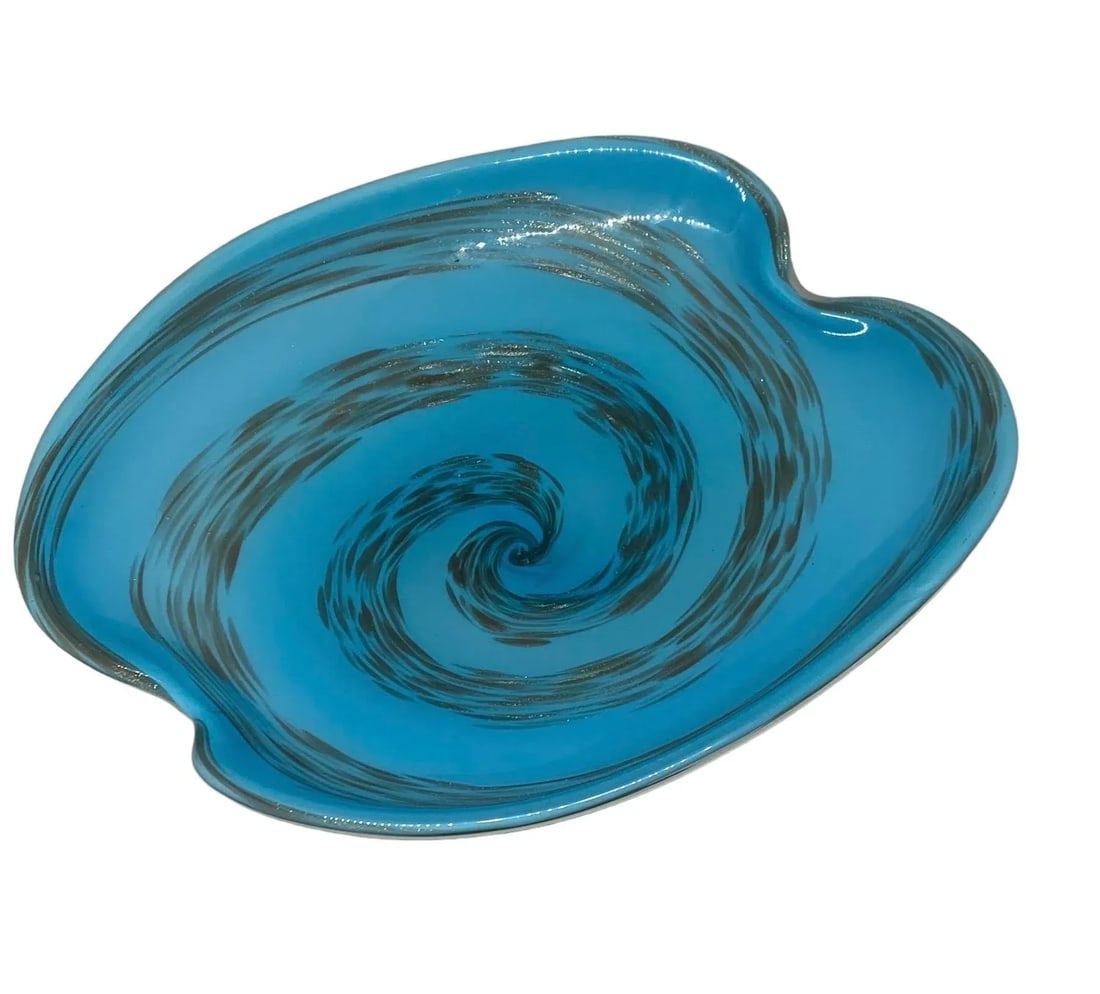 Mid 20th Century Murano Style Modern Aqua Art Glass Amoeba Oval Shape With Silver and Bronze Swirl D - 3