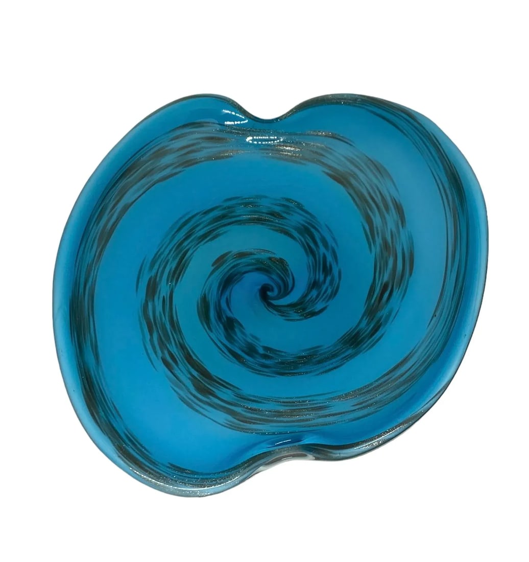 Mid 20th Century Murano Style Modern Aqua Art Glass Amoeba Oval Shape With Silver and Bronze Swirl D - 4