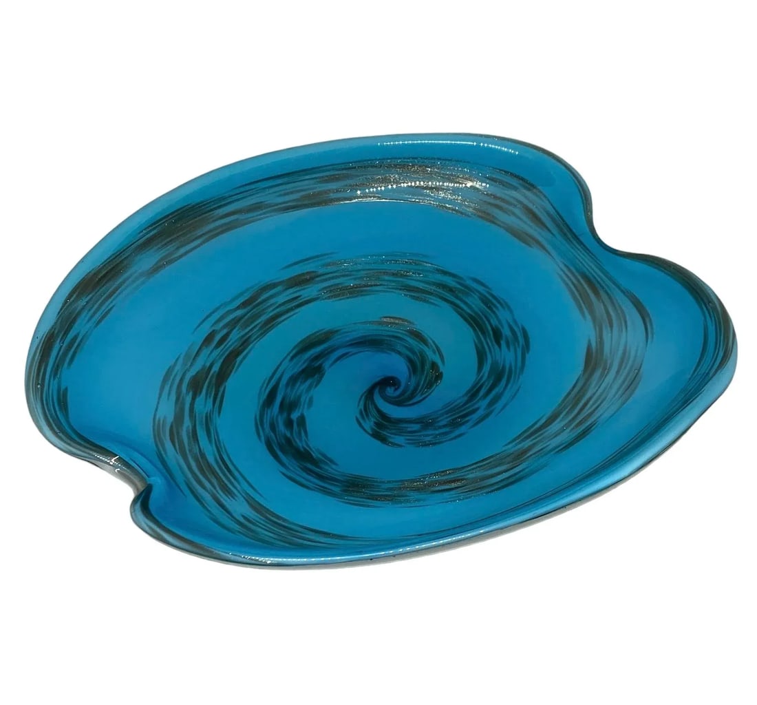 Mid 20th Century Murano Style Modern Aqua Art Glass Amoeba Oval Shape With Silver and Bronze Swirl D - 5