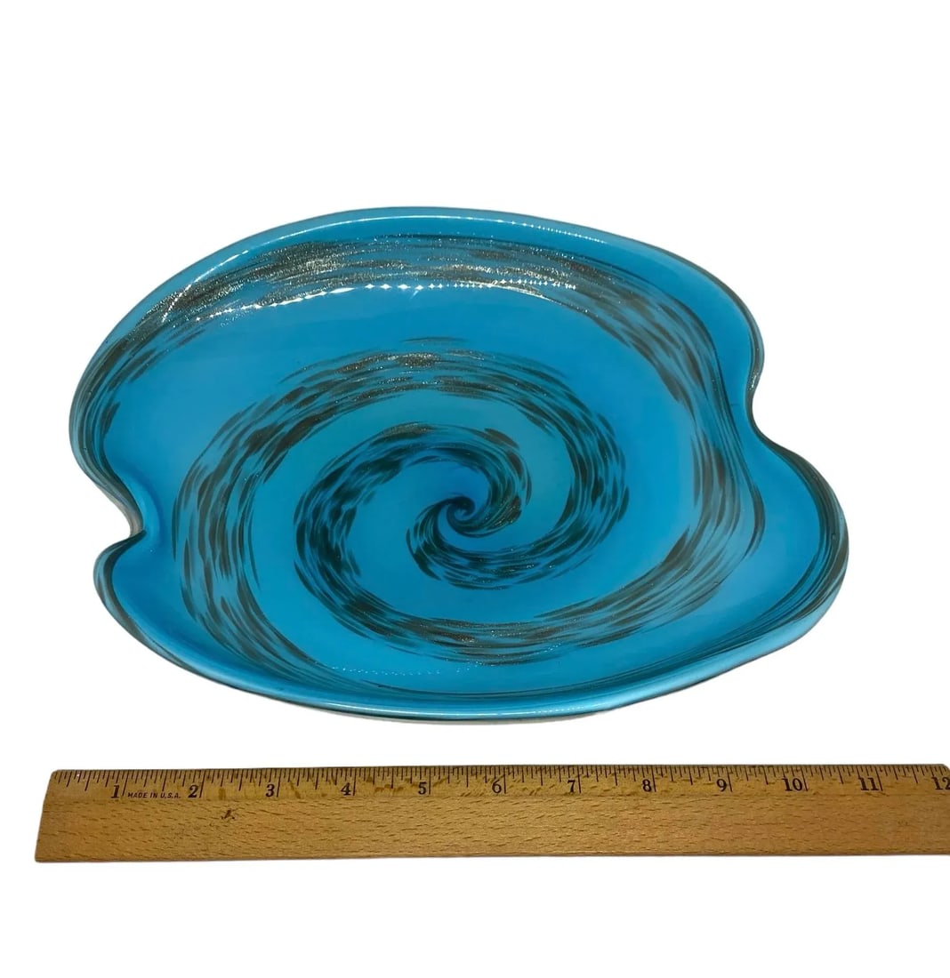 Mid 20th Century Murano Style Modern Aqua Art Glass Amoeba Oval Shape With Silver and Bronze Swirl D - 8