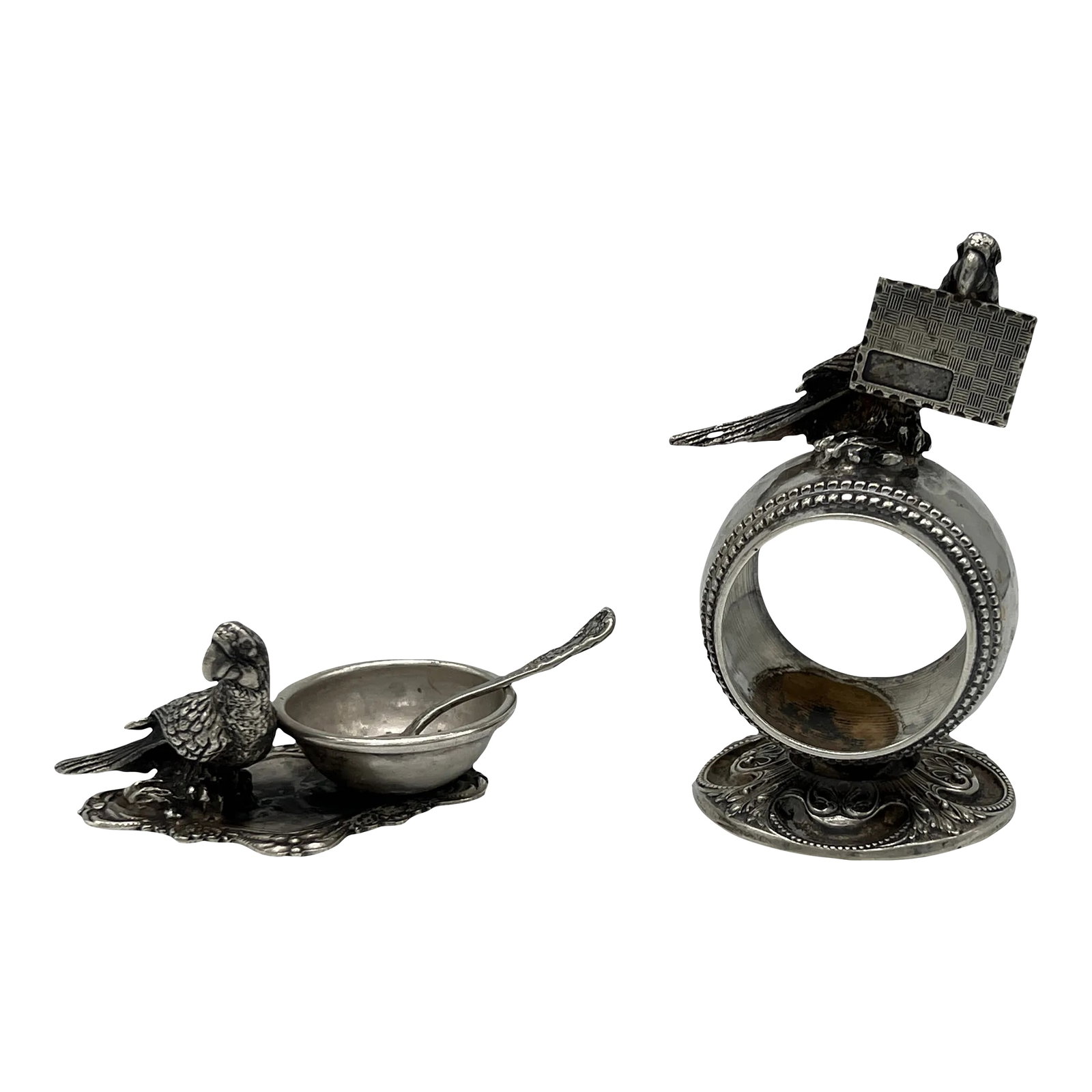 Antique Parrot Form Silver Plated Table Accessory Set - Napkin Ring + Salt Dish (1 of 6)