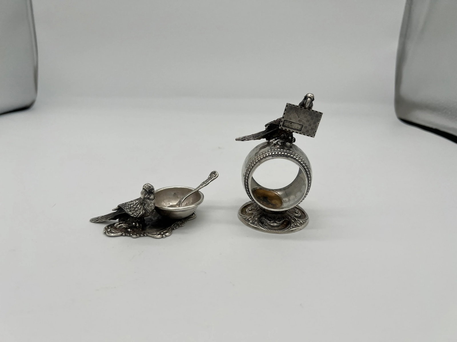 Antique Parrot Form Silver Plated Table Accessory Set - Napkin Ring + Salt Dish - 2
