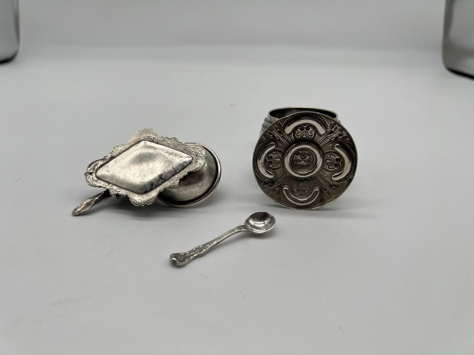 Antique Parrot Form Silver Plated Table Accessory Set - Napkin Ring + Salt Dish - 3