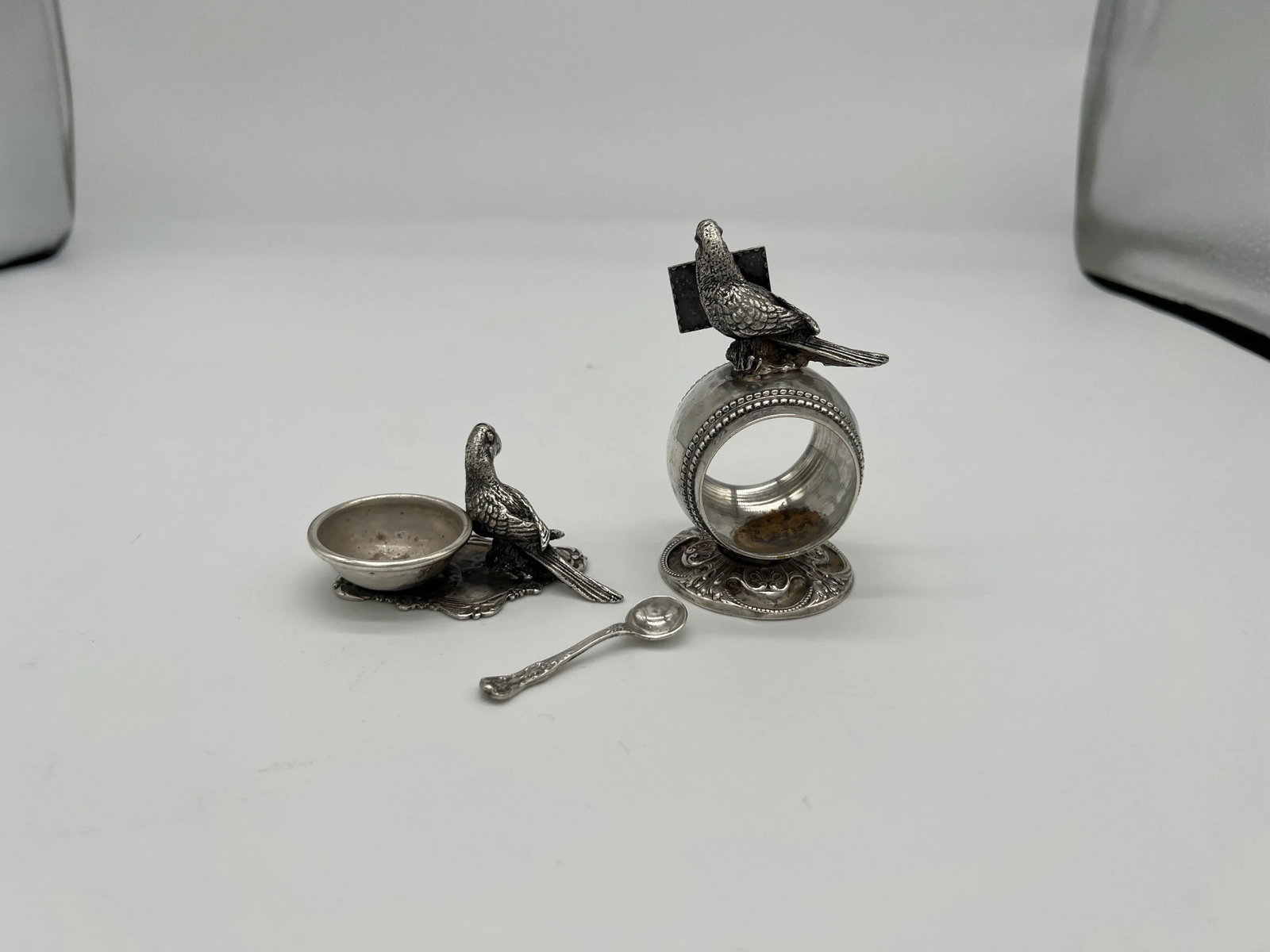 Antique Parrot Form Silver Plated Table Accessory Set - Napkin Ring + Salt Dish - 4