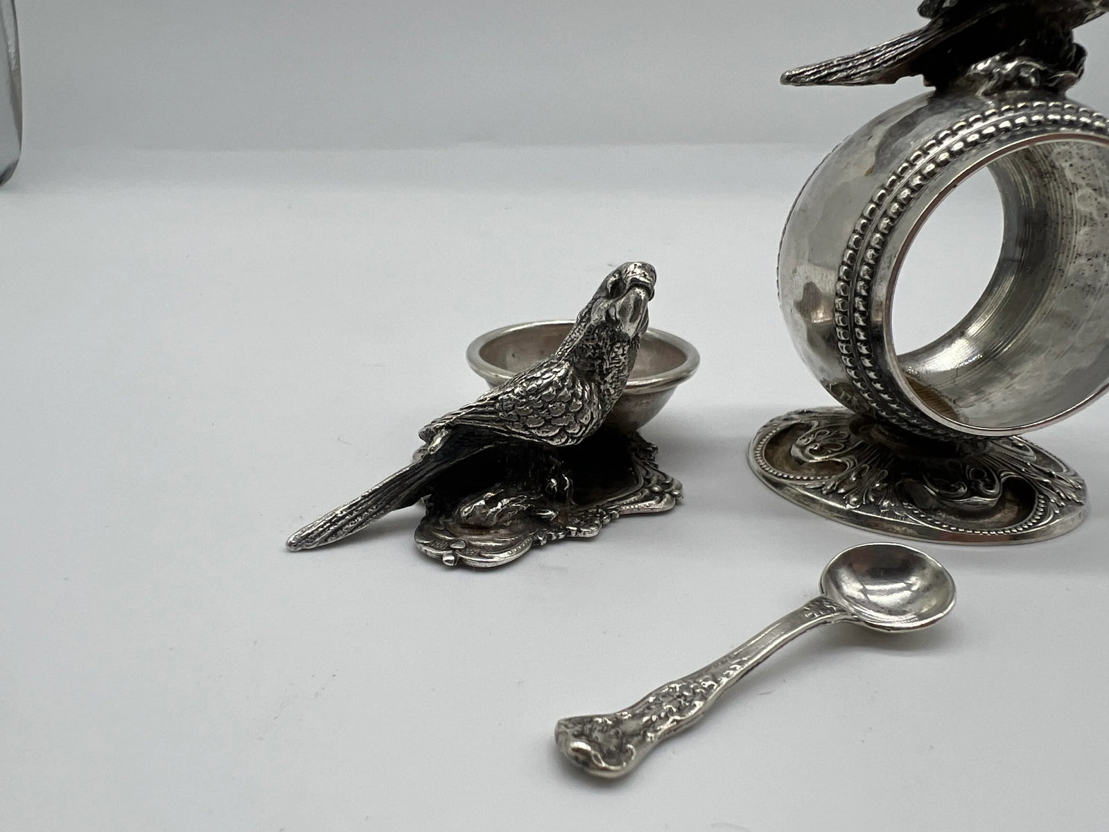 Antique Parrot Form Silver Plated Table Accessory Set - Napkin Ring + Salt Dish - 5