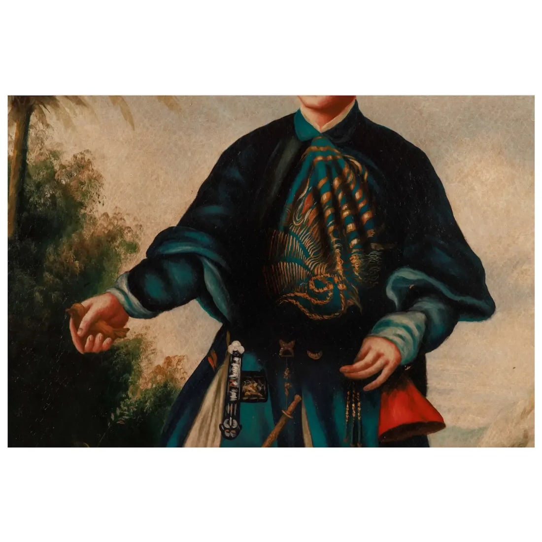 Chinese School, 19th Century Portrait Painting of an "Emperor Holding a Bird" - 6