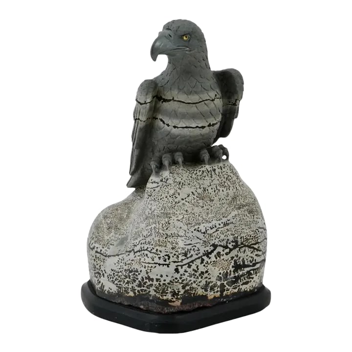 Late 20th Century Hand Carved Jasper Stone Eagle Sculpture: A russian hand carved Jasper stone sculpture, Eagle on Alert, The sculpture depicts an eagle sitting on a boulder, eyeing on its prey. This highly graphic variety of jasper, known as Natures