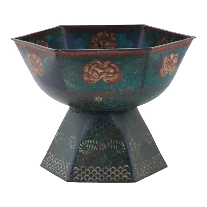Antique Japanese Meiji Cloisonne Enamel Tazza Bowl: An antique footed Japanese, Meiji era, enamel over copper tazza bowl. The exterior of the ware is covered with polychrome enamel panels with blossoming flowers surrounded by floral, foliage, foliate