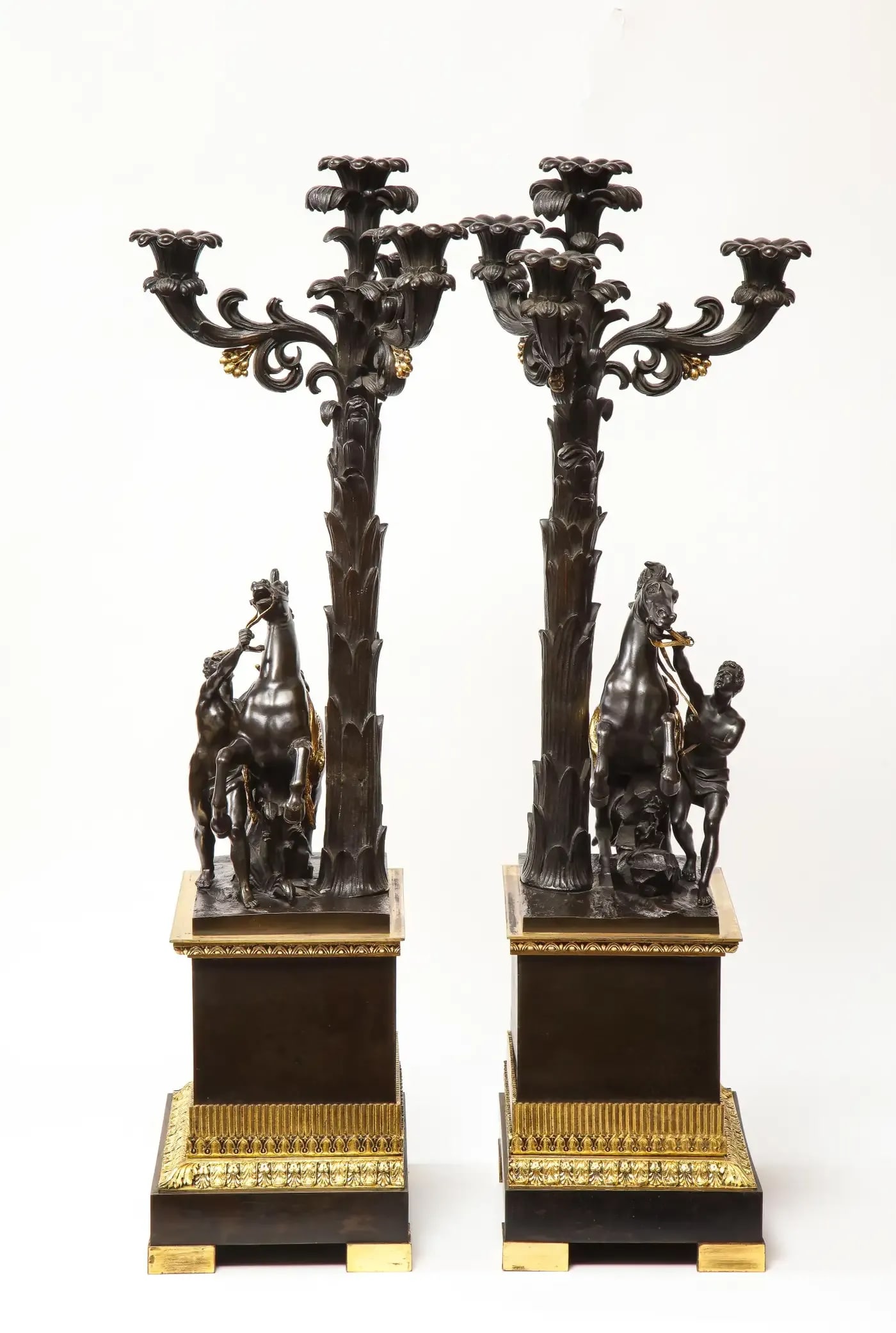 Large Pair of Early 19th Century French Restauration Ormolu and Patinated Bronze Candelabra, Horses - 4