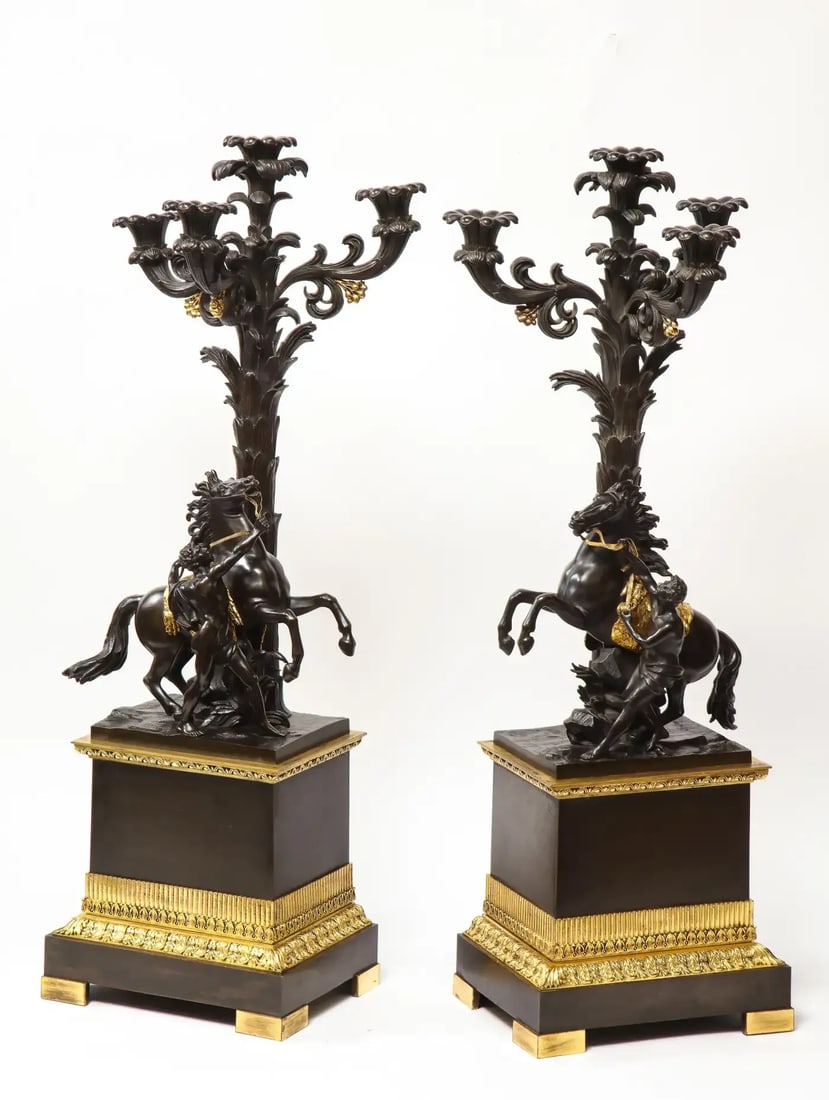Large Pair of Early 19th Century French Restauration Ormolu and Patinated Bronze Candelabra, Horses - 7