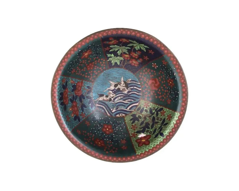 Antique Early Meiji Japanese Cloisonne Enamel Bowl With Rabbits in Waves - 2