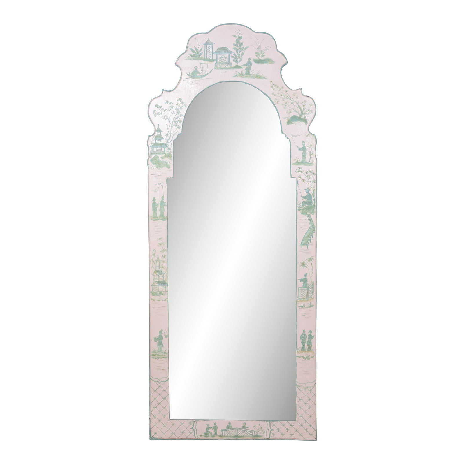 White Hand Painted Green Chinoiseries Style Tole Mirror: White Hand Painted Green Chinoiseries Style Tole Frame Mirror 23"W * 1" D * 57"H Condition: Alterations: Original Condition Unaltered Imperfections: Some Imperfections Condition Notes: It is in good