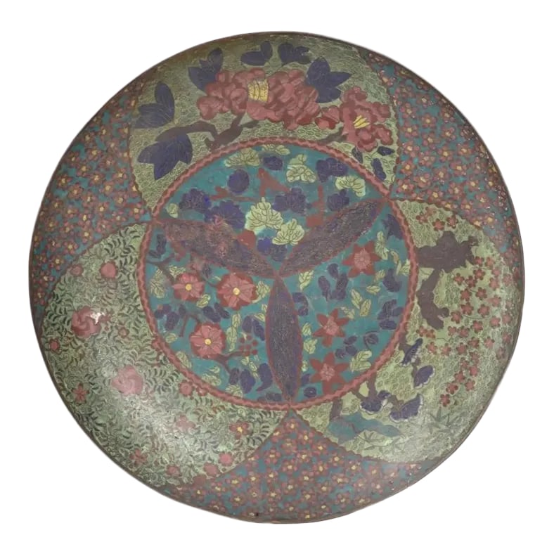 Large Antique Japanese Cloisonne Enamel Plate: A large rare antique, Meiji era, Japanese enamel over copper plate or charger. The interior of the plate is made in a symmetrical design, adorned with polychrome enamel medallions featuring floral,