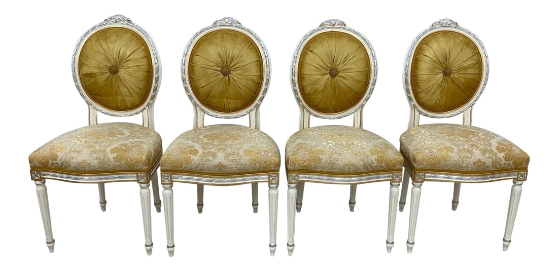 19th Century Reproduction 24 Karat Gold Leaf Italian Dining Chairs by Caspani Tino - Set of 4: DINING ROOM from Caspani Tino. 4pc Dining chair , Solid Wood frame decoded with 24 Carats Gold & Sterling Silver Leaf. Handmade in Italy. Hand made Carvings on Top with Floral motif as well as all