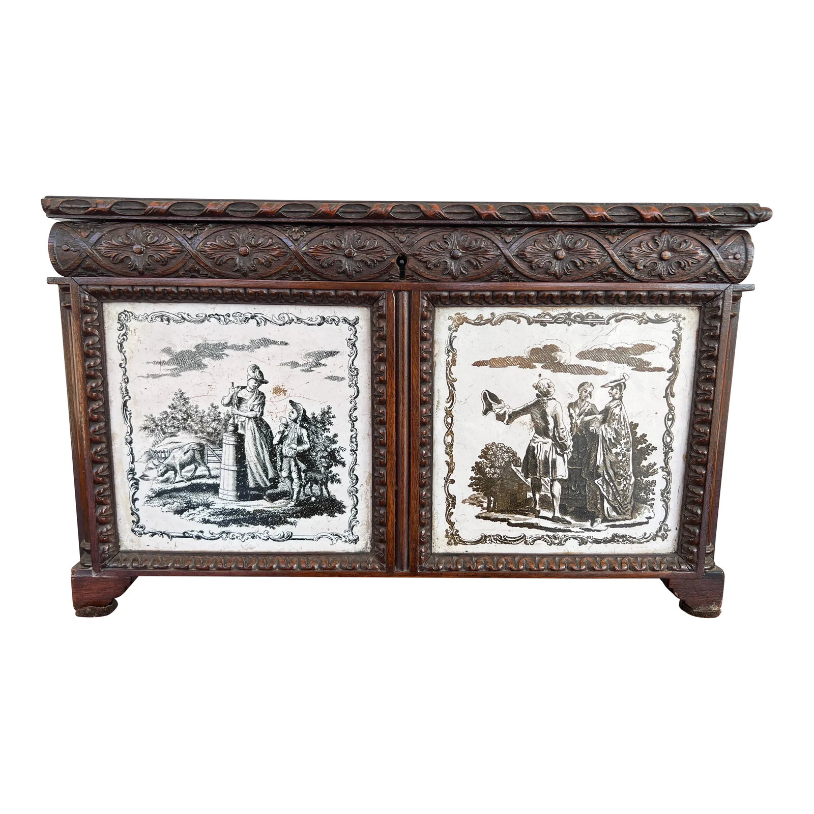 19th Century, Anglo-Indian Hand Carved 4-Section Tea Caddy Inset W/ Tin Manganese Tiles: Anglo Indian, early 19th century. A highly unusual Antique hand carved 4-section tea caddy. The box which features a carved ribbon edge hinged lid, which opens to reveal four individually wood lined