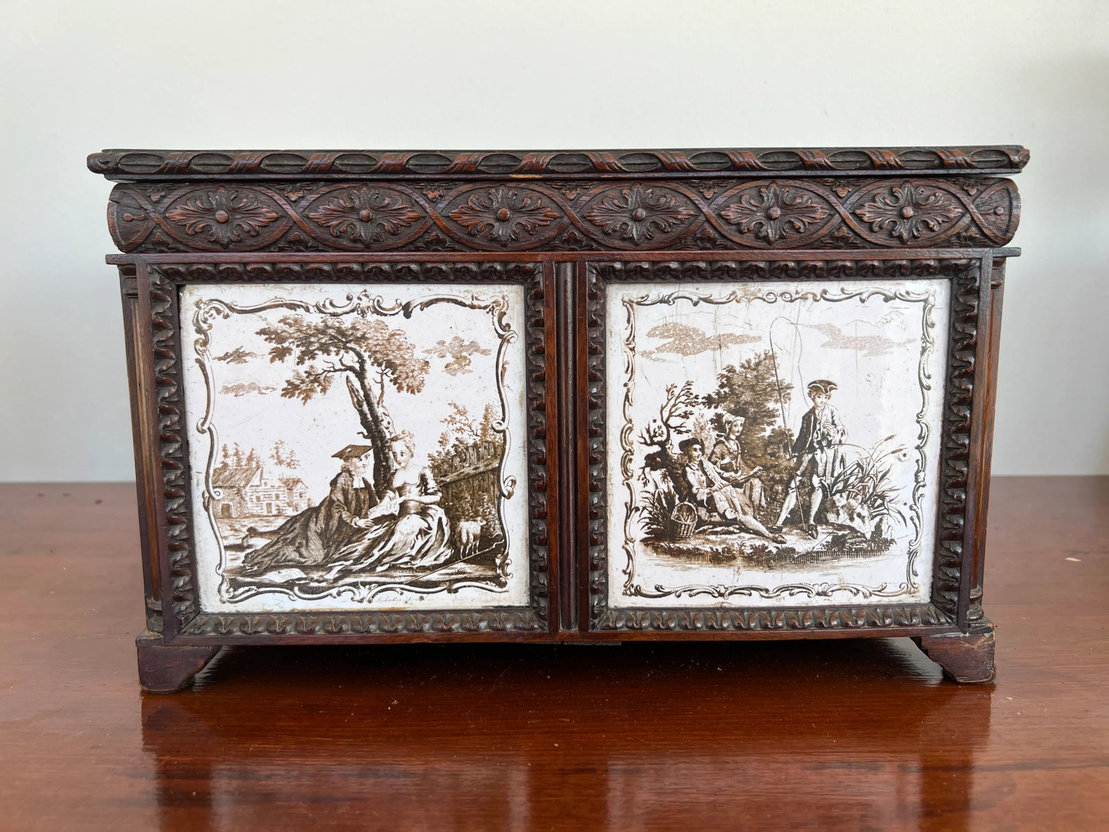 19th Century, Anglo-Indian Hand Carved 4-Section Tea Caddy Inset W/ Tin Manganese Tiles - 3