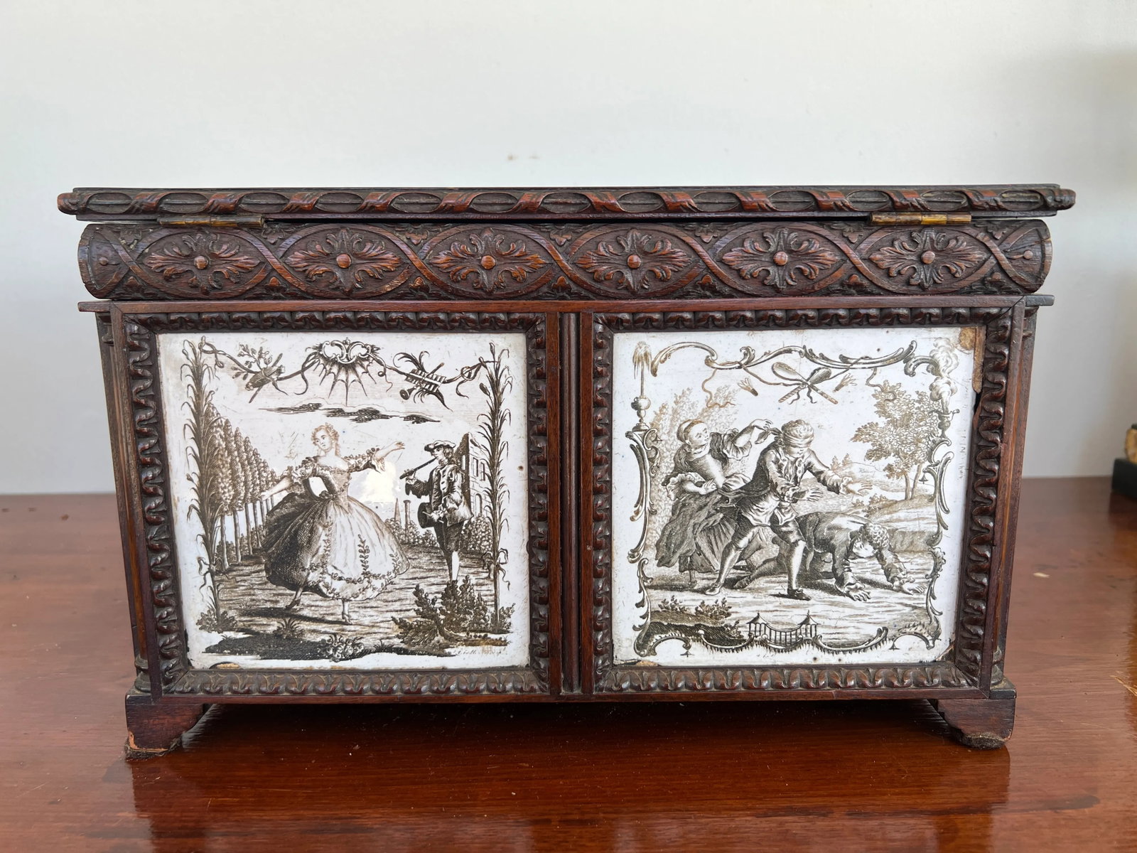 19th Century, Anglo-Indian Hand Carved 4-Section Tea Caddy Inset W/ Tin Manganese Tiles - 4