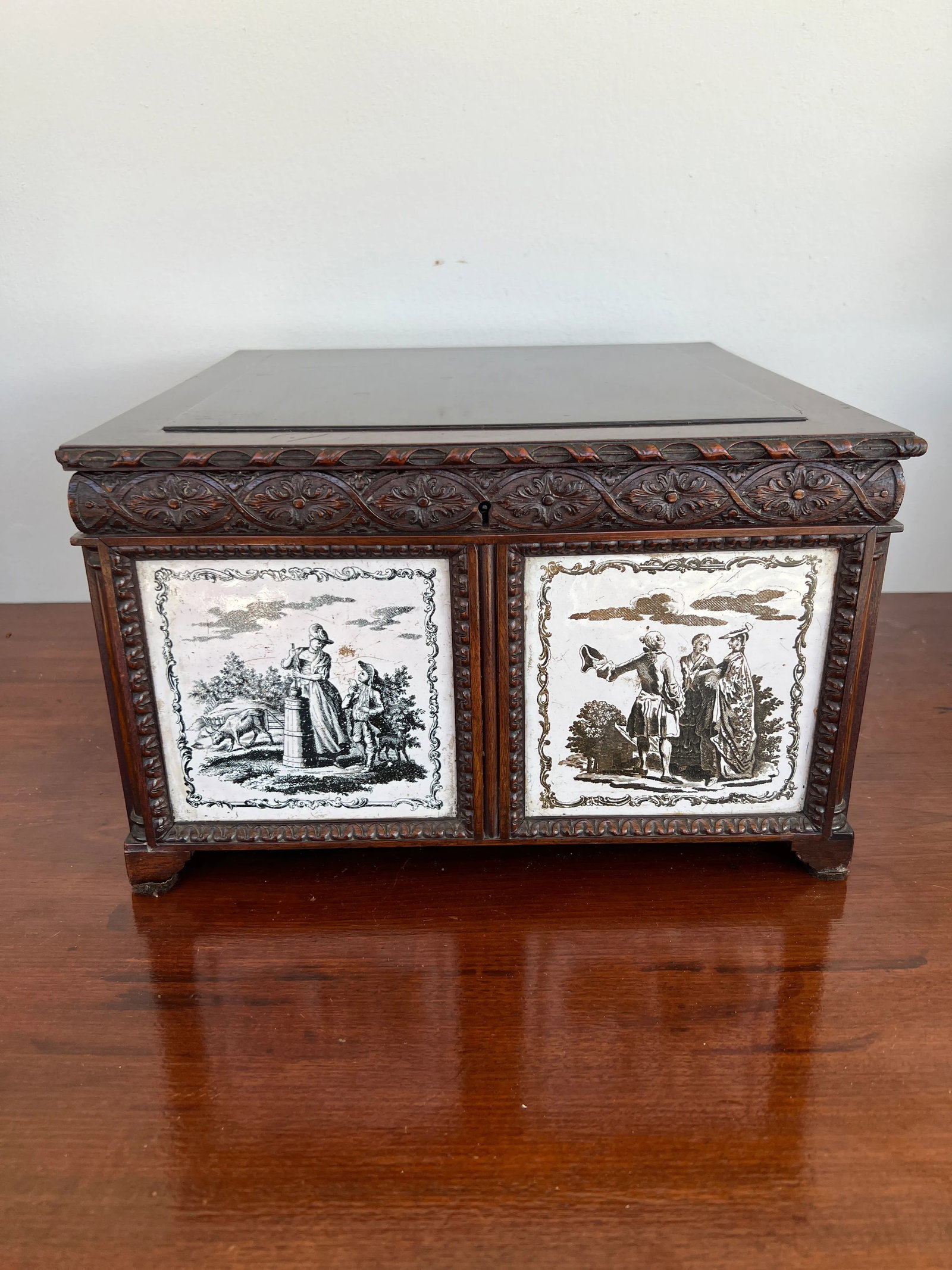 19th Century, Anglo-Indian Hand Carved 4-Section Tea Caddy Inset W/ Tin Manganese Tiles - 5