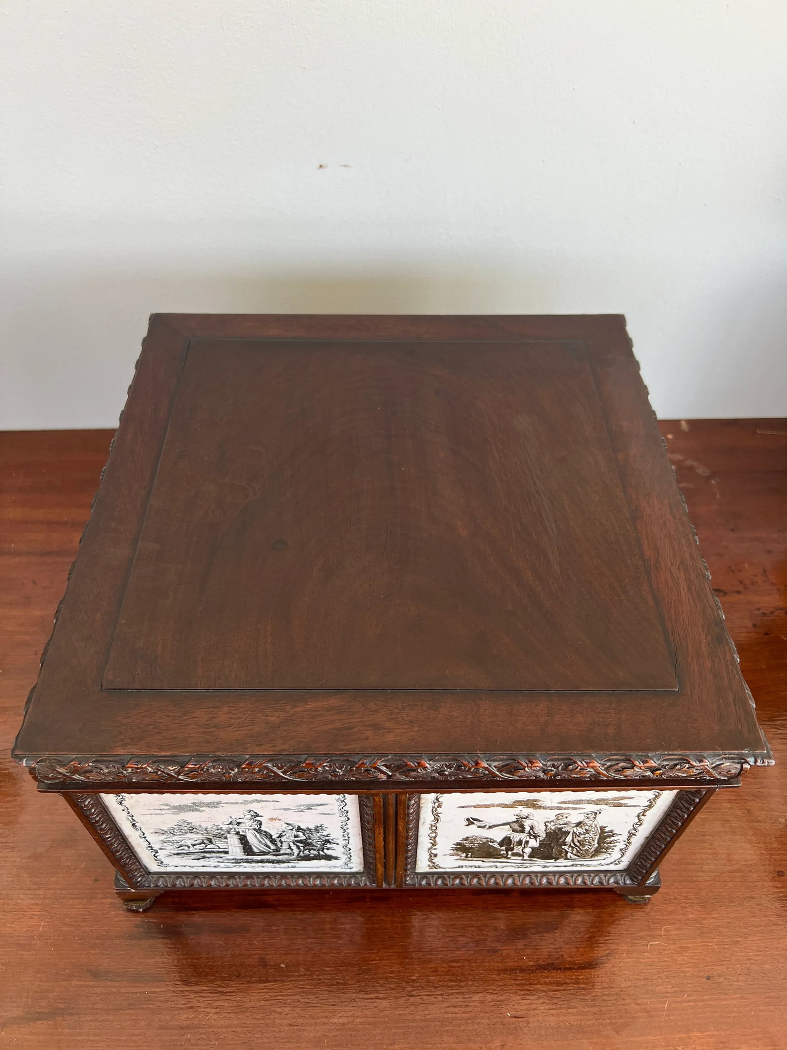 19th Century, Anglo-Indian Hand Carved 4-Section Tea Caddy Inset W/ Tin Manganese Tiles - 8