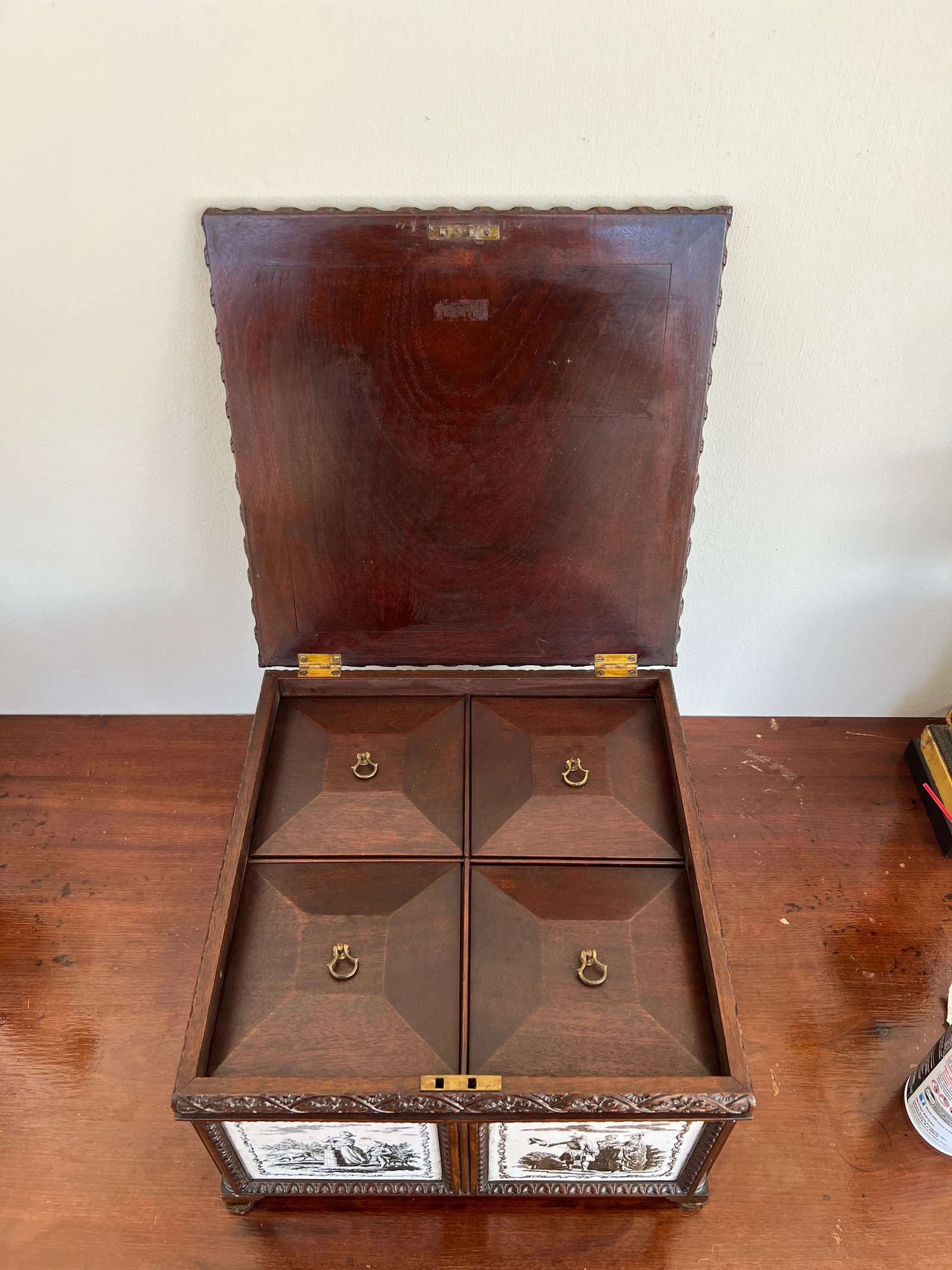 19th Century, Anglo-Indian Hand Carved 4-Section Tea Caddy Inset W/ Tin Manganese Tiles - 9