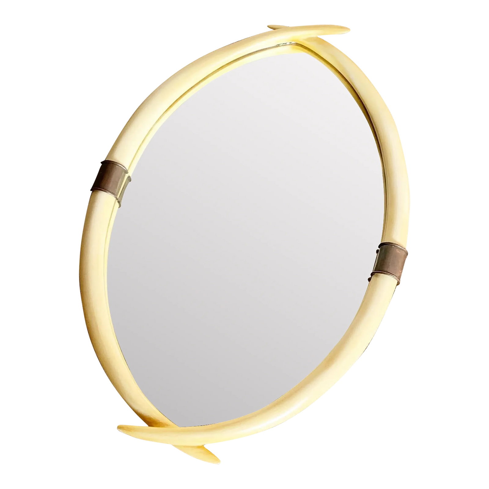 1970s Faux Elephant Tusk and Brass Wall Mirror by Chapman: Step back into the glamorous 1970s with this exquisite Faux Elephant Tusk and Brass Wall Mirror by Chapman. This piece epitomizes the luxurious and bold aesthetics of the era, featuring elegantly