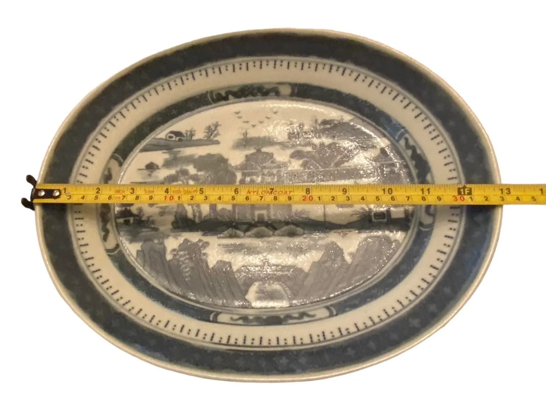 Vintage Chinoiserie Blue and White Ceramic Decorative Oval Serving Platter - 11