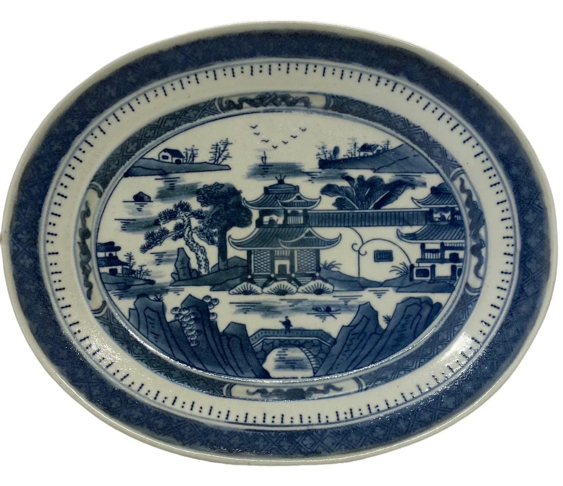 Vintage Chinoiserie Blue and White Ceramic Decorative Oval Serving Platter - 2