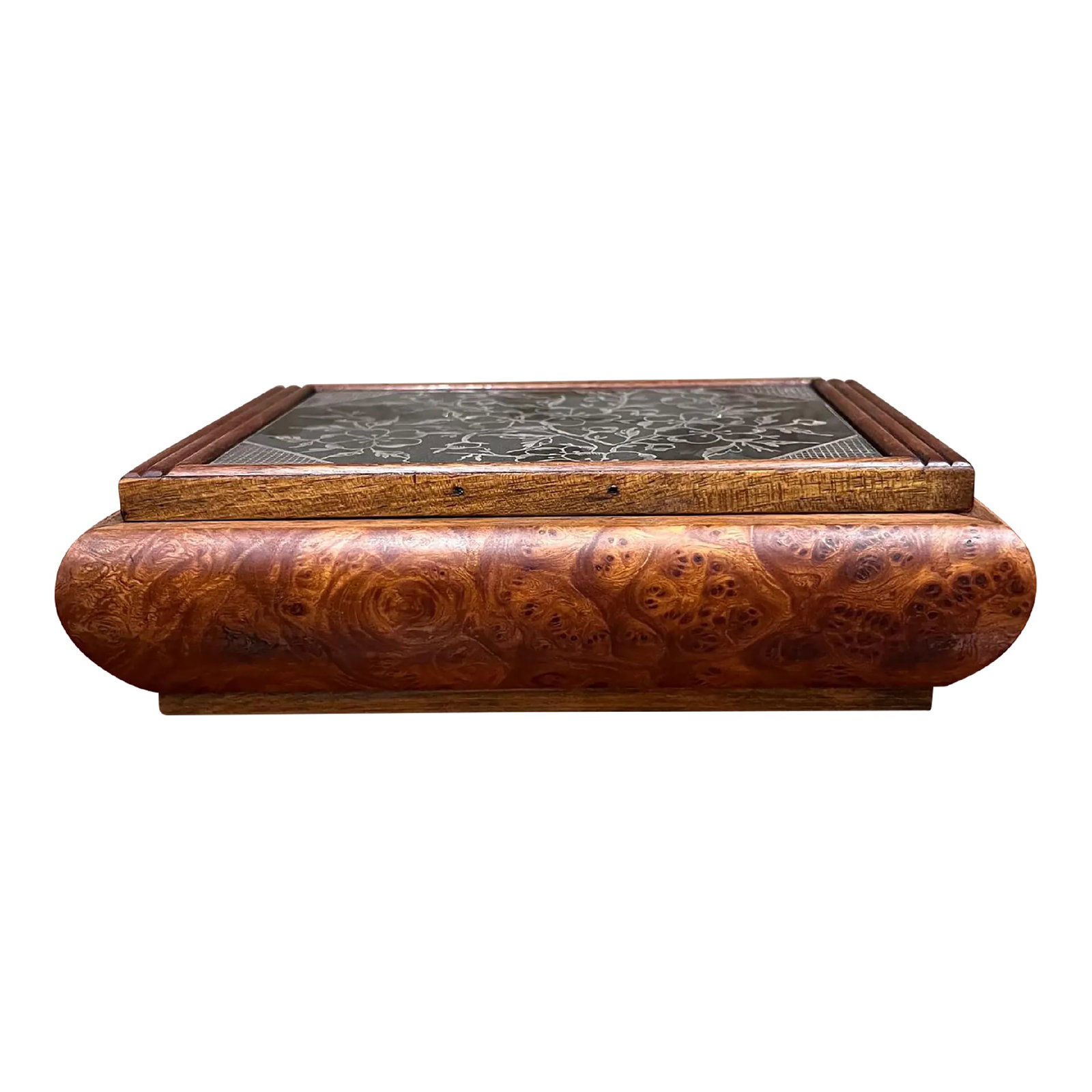 Vintage Cigarette Dispenser Burlwood Box: For your consideration, a vintage cigarette box in burl wood and sterling with glass top. Clever design. Dimensions: 9 w x 6.5 d x 2.75 h closed 7 h open. Please visit take a look at our listings, we