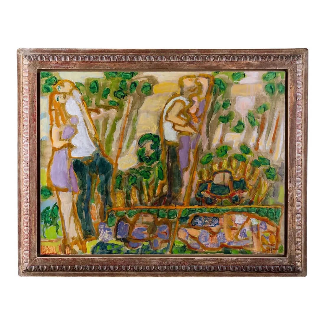 Vintage Modern Figurative American Oil Painting: Harry Sefarbi Oil Painting , Barnes Foundation, Philadelphia, Pa. Original oil on board painting. Harry Sefarbi (1917-2009) is best known for modernist figures and landscape painting. He was a