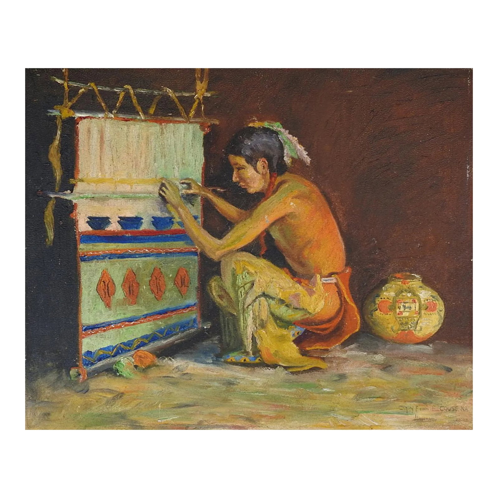 Vintage Painting Native American Weaver: Vintage circa 1940's oil on artist board painting of Native American man weaving. This is a copy of the original Eanger Irving Couse painting, noted lower right corner. Unframed, edge chips, some