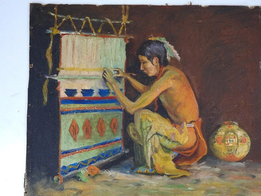 Vintage Painting Native American Weaver - 3