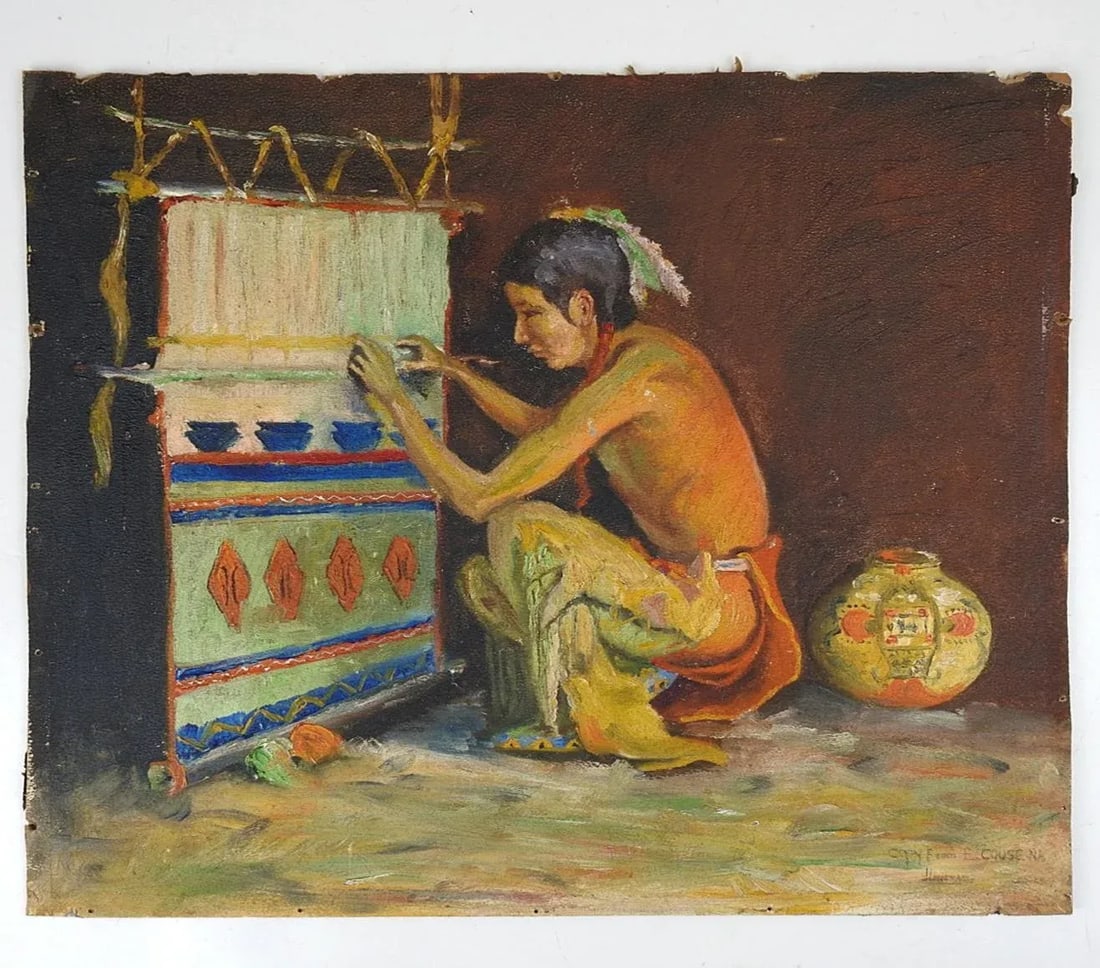Vintage Painting Native American Weaver - 4